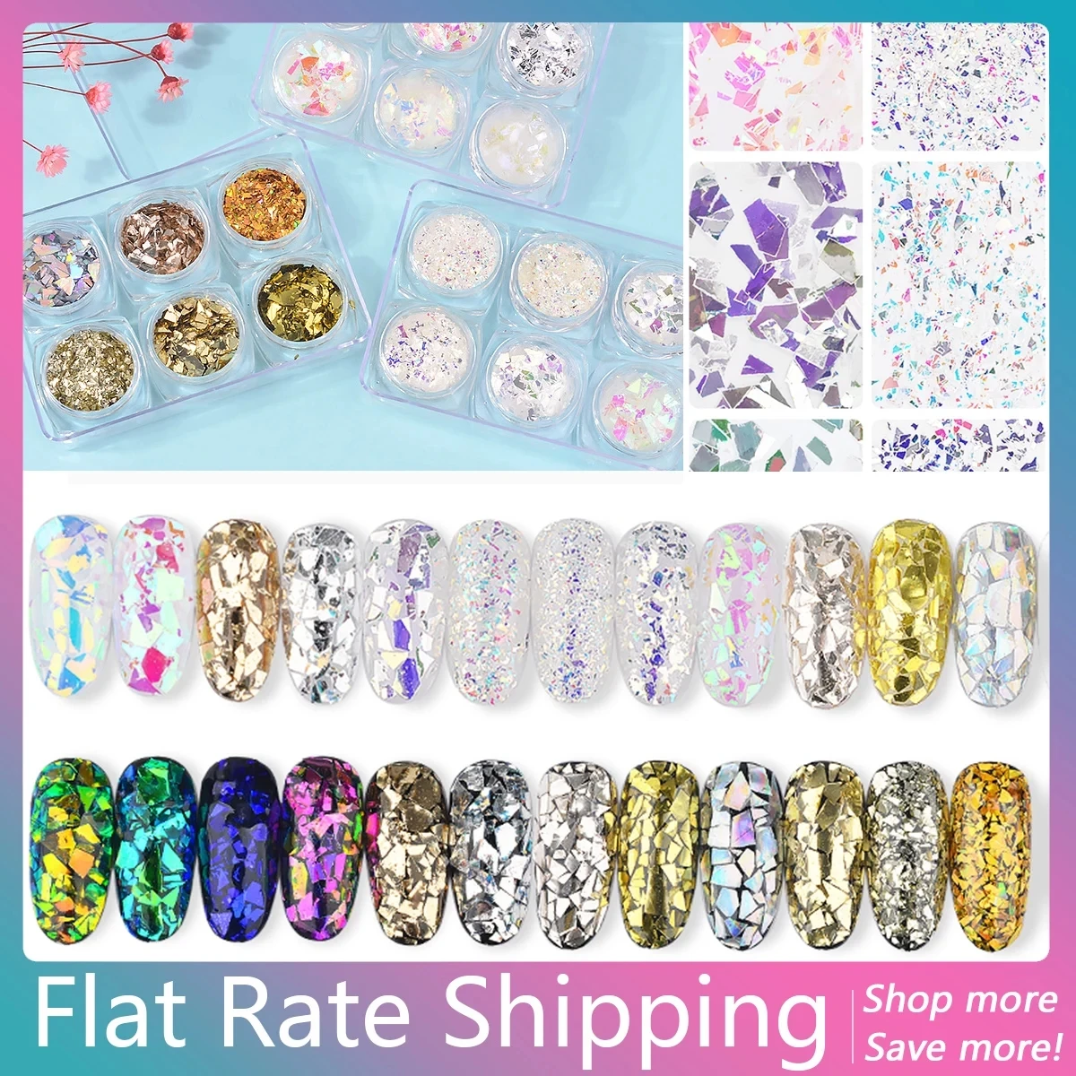 

1 Set 6 Bottles Holographic Nail Glitter Sequins Irregular Glass Nail Art Foils Flakes Aurora Decorations