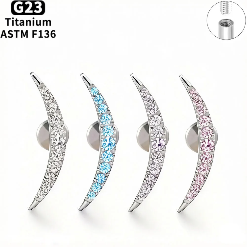16G G23 Titanium Internal Thread Crescent Labret Tragus Helix Earring Zirconia Blue Pink Silver Gold Color Body Piercing Jewelry