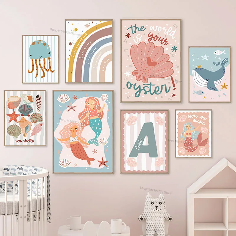 Pink Mermaid Girl Whale Scallop Rainbow Custom Name Nursery Wall Art Canvas Posters and Prints Pictures for Baby Kids Room Decor