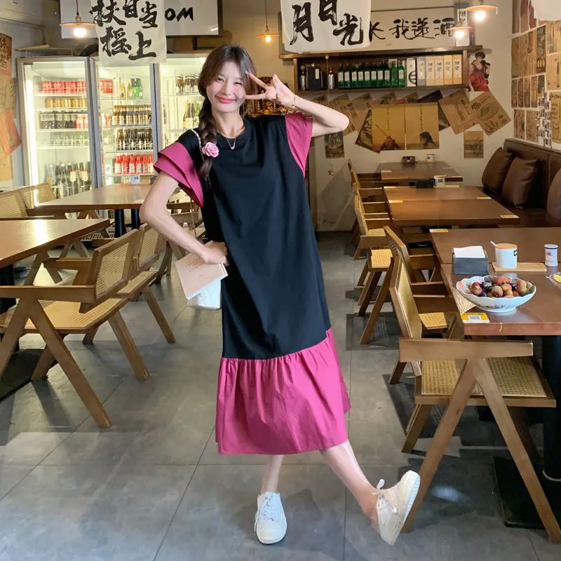 Robes Patchwork surdimensionnées femme décontracté coréen Patchwork t-shirt robe été tempérament ample plissé à manches courtes robe longue