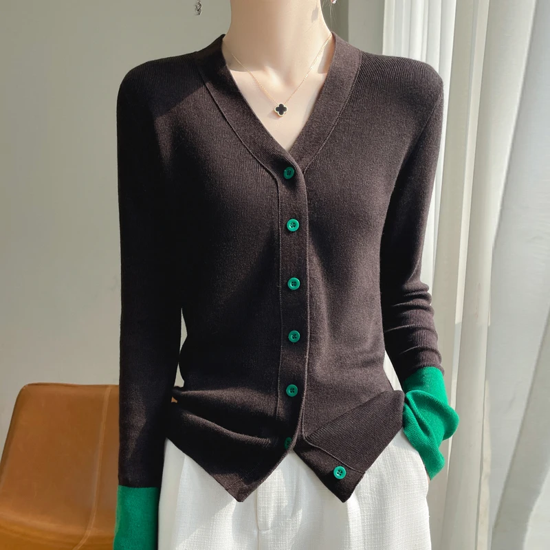 New Spring 100% Wool V-neck Sweater Cardigan Women Fashion Autumn Streetwear Slim Long Patchwork Sleeve Top Knit Female Cardigan