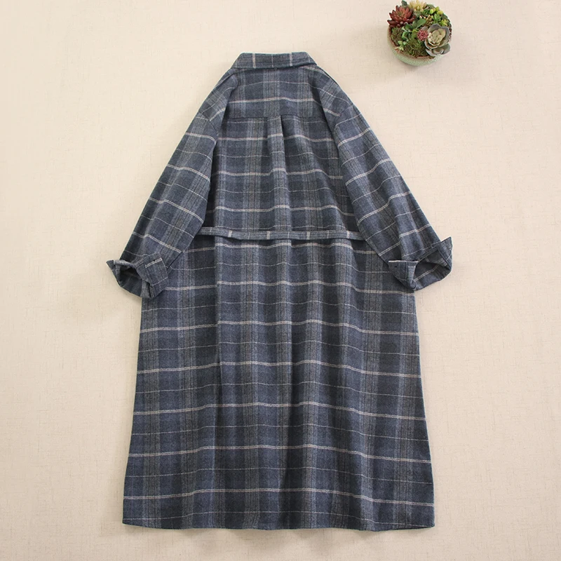 Mori Girl Vintage Plaid Brushed Cotton Shirt Dress Women Autumn Turn Down Collar Long Sleeve Casual Loose Dresses With Belt