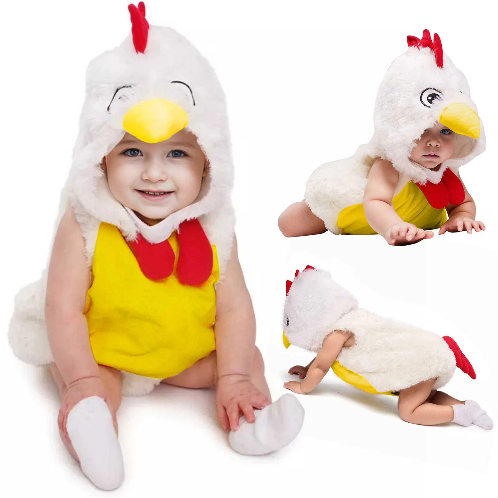 

Infant Boys Girls Cosplay Chicken Animal Costume 2023 Winter Fleece Hooded Romper Bodysuits Clothes Cute Funny New Years Outfits