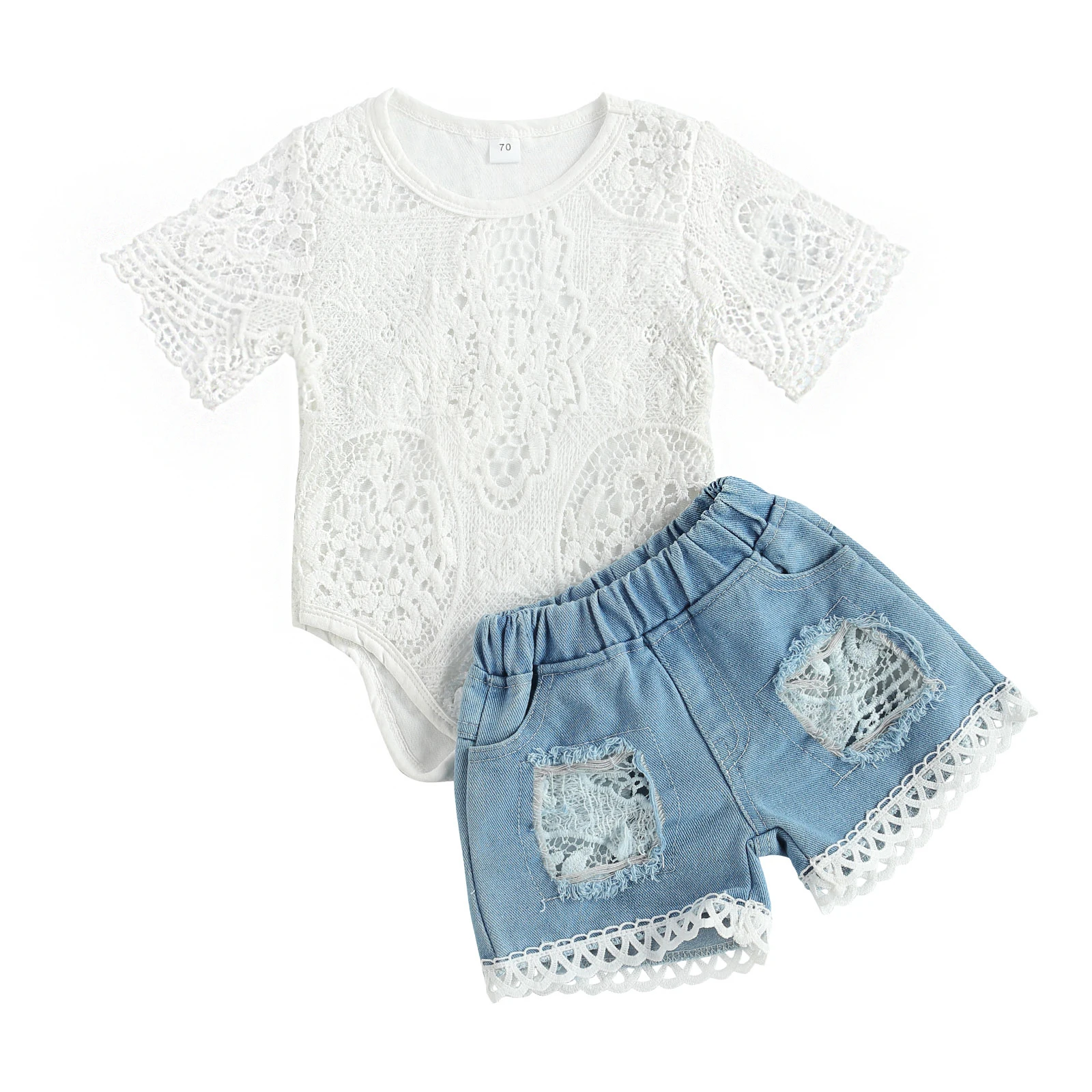 

2Pcs Fashionable Baby Girls Outfit Summer Breathable Round Collar Short Sleeve Hollow Lace Romper Ripped Denim Shorts Set