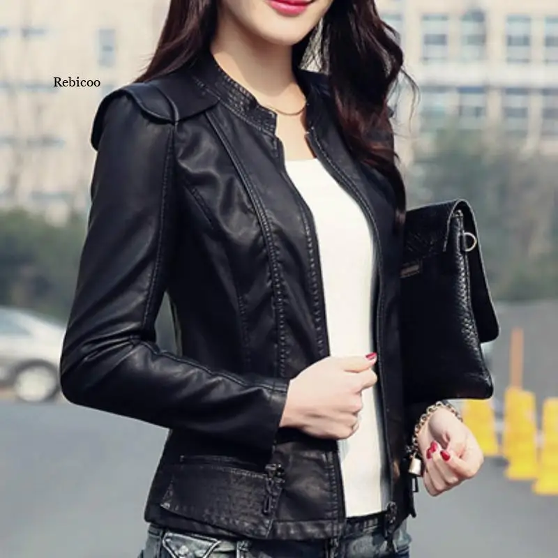 Motorcycle Coat 2022 Spring Winter Women Black Slim Cool Lady PU Leather Jackets Female Zipper Faux Femme Outwear