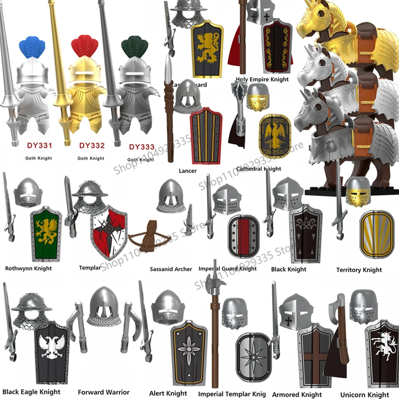Medieval Military Castle Black Hawk Knight Building Blocks Gothic Cavalry Armor Shield Axe Soldier Figure Accessories Bricks Toy