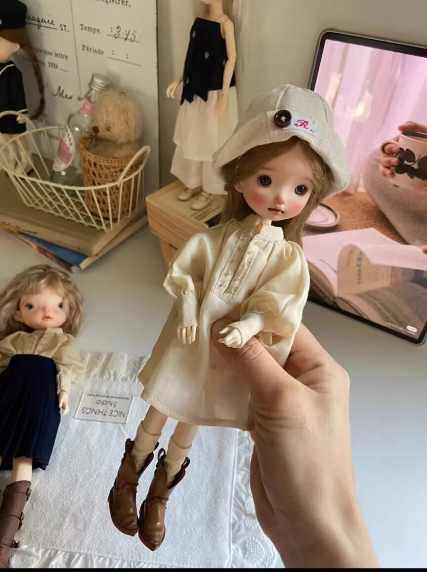 1pcs vintage reto style 2025 Blythe/landoudou Champagne linen one-piece dress (Fit for Lulu,ymy24,Ob22,24,26,zone, Jenny)