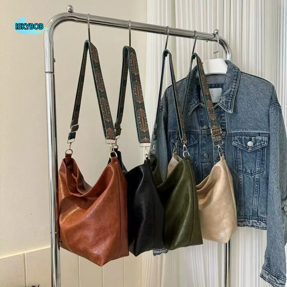

Ins Elegant PU Leather Tote Bag Large Capacity Zipper Vintage Shoulder Bag Handbag Korean Style Bucket Bag Girls/Female
