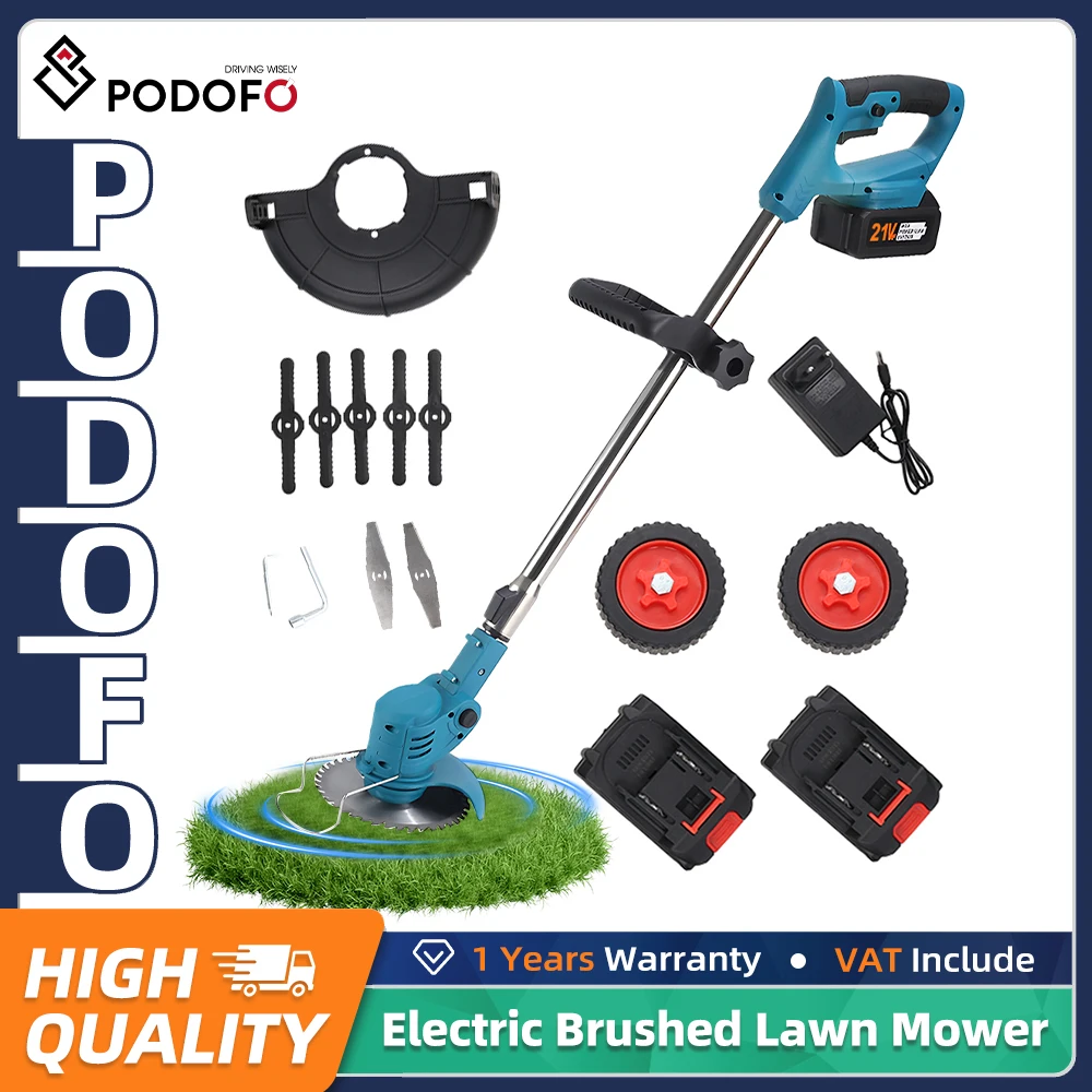 Podofo 1800W Hochleistungs-Elektro-Rasenmäher mit Verstellbarer Schnittlänge und 2 Akkus, Tragbares Werkzeug zum Grasschneiden