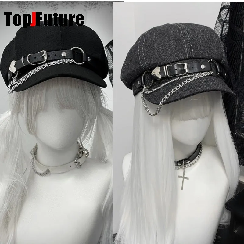

Женская и мужская кепка-берет в стиле Harajuku Gothic Lolita, Y2K, панк, с эффектом потертости, уличный модный аксессуар, кепка-газетчица