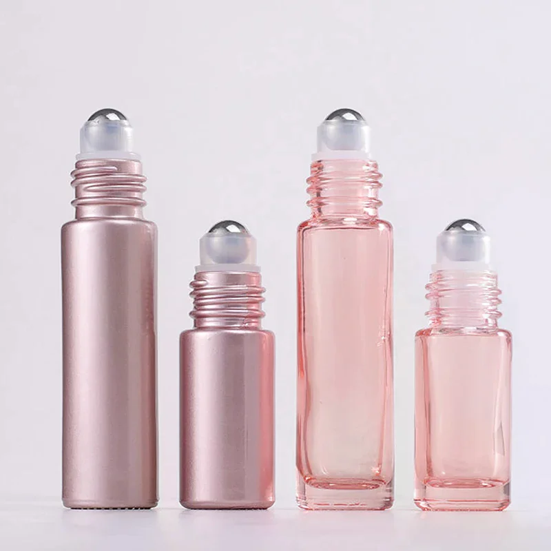Pink Glass Roll on Bottle 5ml/10ml Refillable Tube Essential Oil Lip Gloss Empty Jar Glass Perfume Bottle for DIY Beauty & Fragr