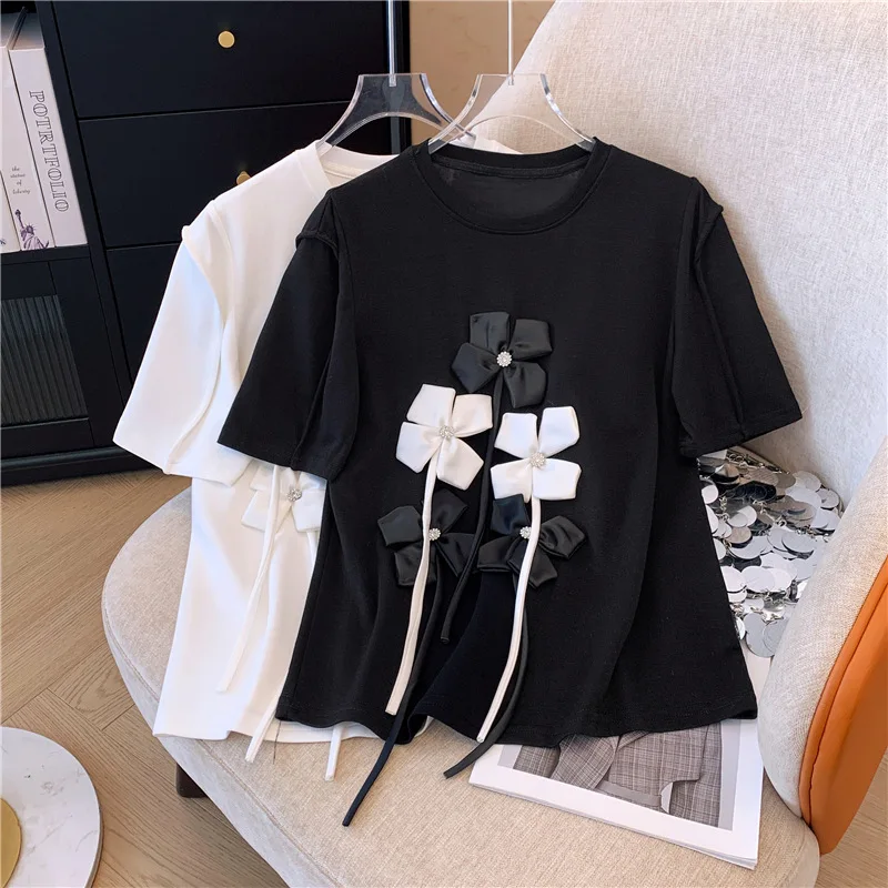 Elegant Lady 3D Pleated Flower Solid T Shirt Fashion Round Neck Short Sleeves Tops 2024 Spring Summer Casual Women Street Wear