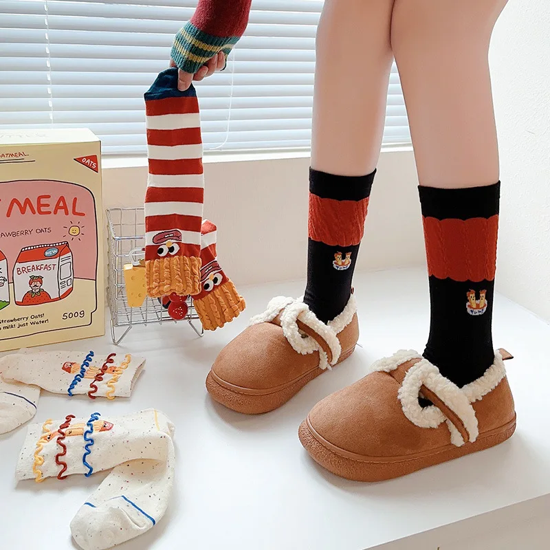 Womens' Cartoon French fry Mid Tube length Socks Korea's Cute Ins trendy Socks Couple Colorful Funny Socks Christmas Gift Socks