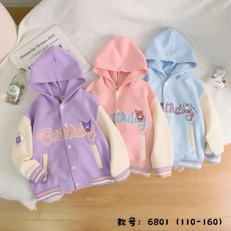 Sanrios Kuromi Kids Cotton Baseball Uniform Cinnamoroll My Melody Anime Unisex Sports Jacket Cute Casual Coat Cartoon Girl Gift