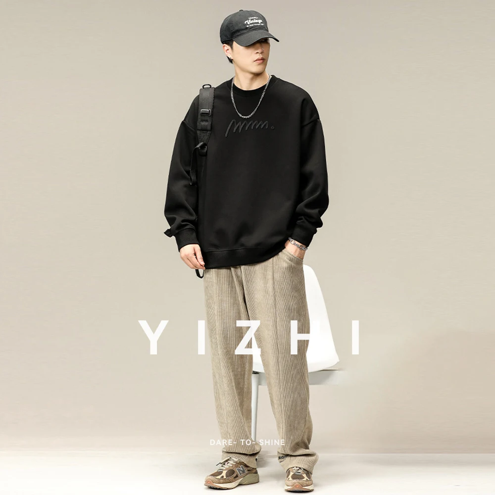 Fashion Men's American Retro Heavy Embroidery Sweater Winter Autumn New Loose Large Size Trendy Round Neck Top Men's Pullover