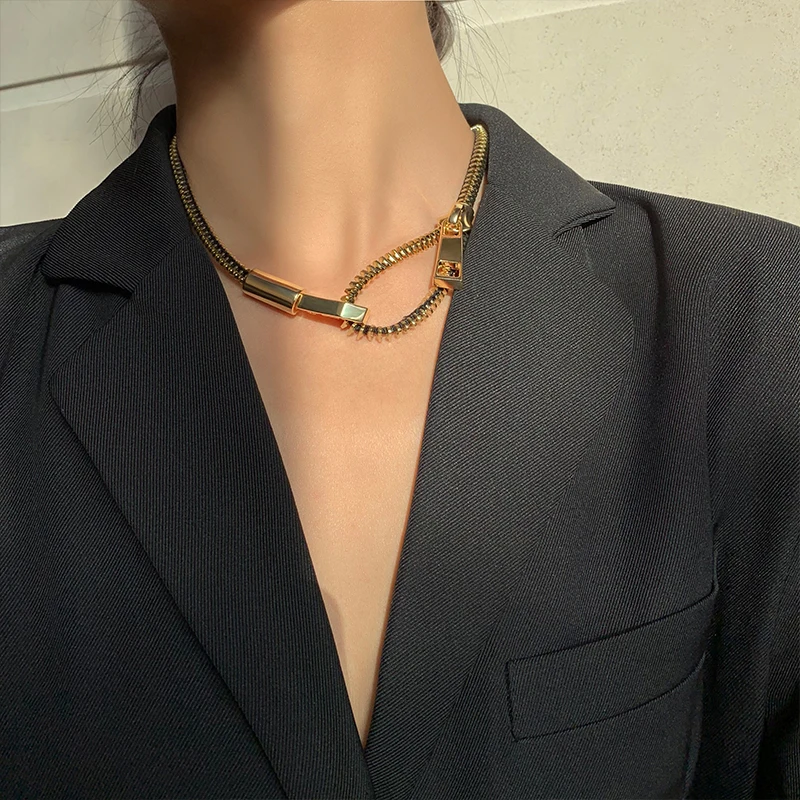 Greatera Stainless Steel Zipper Chain Pendant Choker Necklace for Women Men Gold Silver Color Metal Two Wear Necklace Jewelry