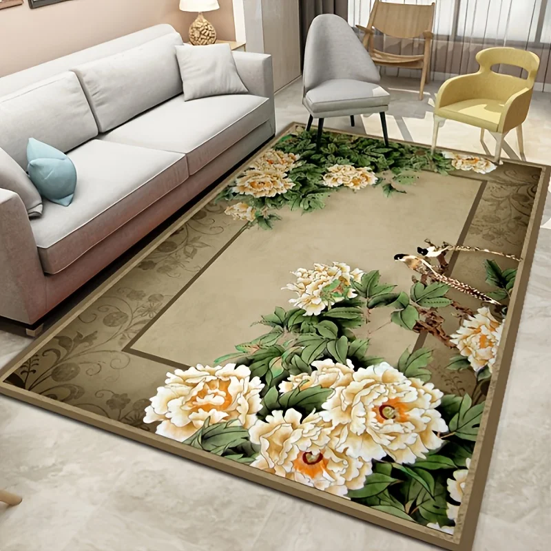 1pc Flower & Bird Retro Living Room Rug, Floral Rug Patterned Non-slip Bedroom Rug, Floor Rug, Floor Mat, Home Decor Furry Mat