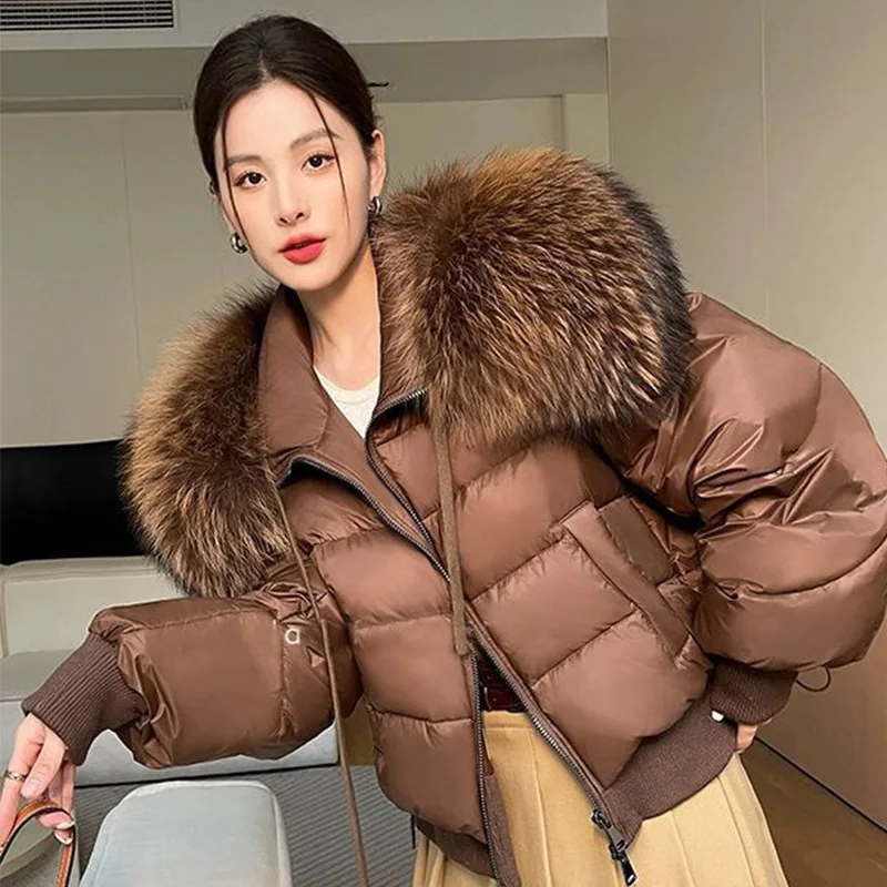 

Autumn Winter Oversized Fox Fur Collar Spliced 90% White Duck Down Down Jacket Women's Commuting Thickened Warm Casual Jacket