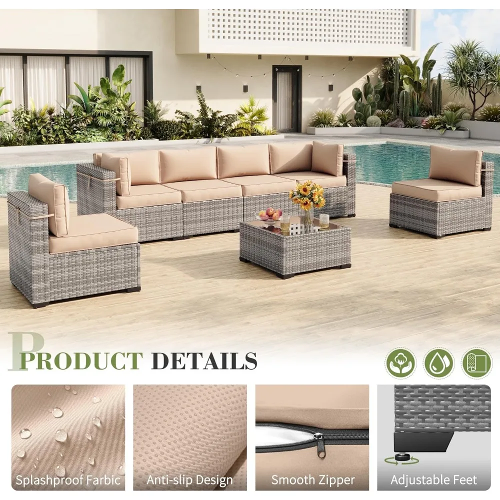 Patio Furniture Set, Outdoor Patio Furniture Wicker Furniture Couch Set, 7-Pieces Outdoor Sectional Sofa