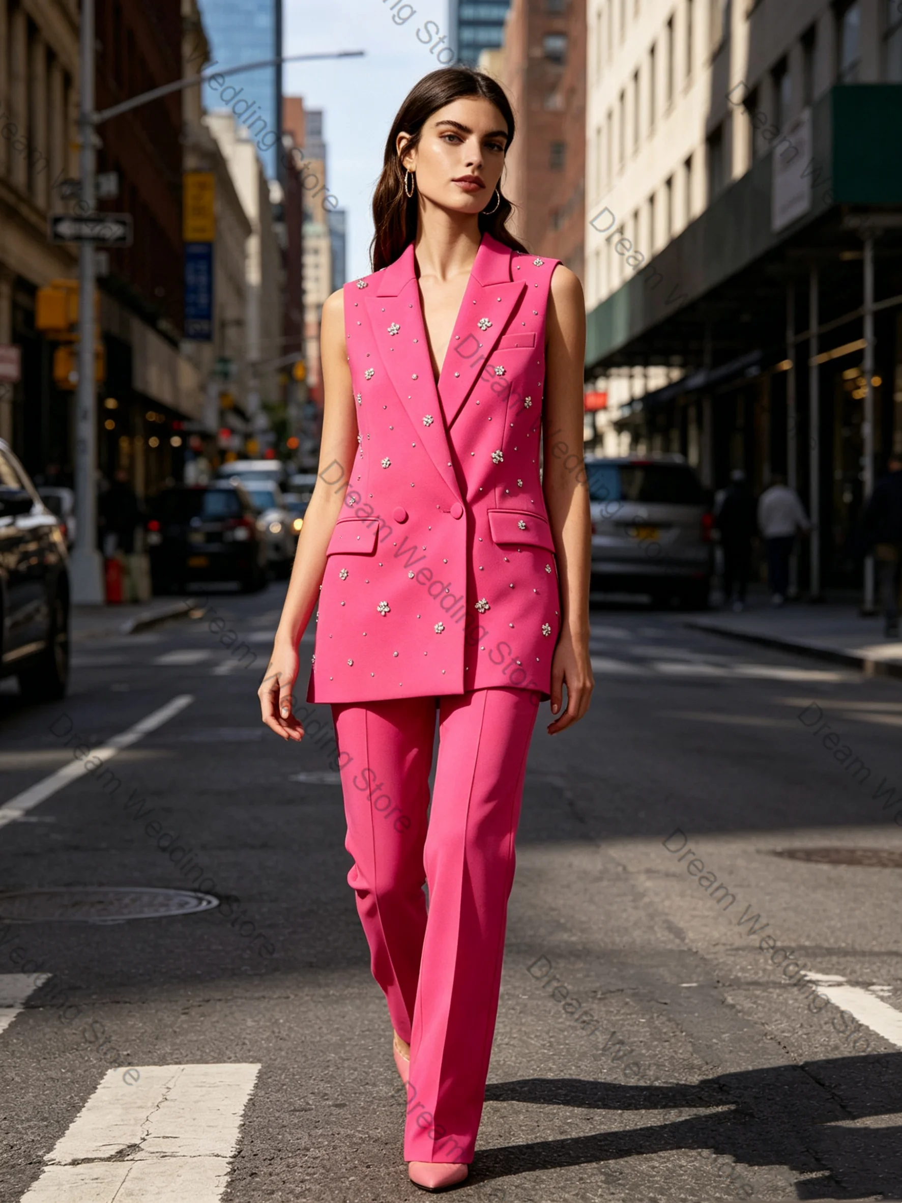 

Hot Pink Women Suit Set 2 Pcs Vest+Pants Crystals Stone Summer Cotton Formal Office Lady Jacket Customized Wedding Guest Coat