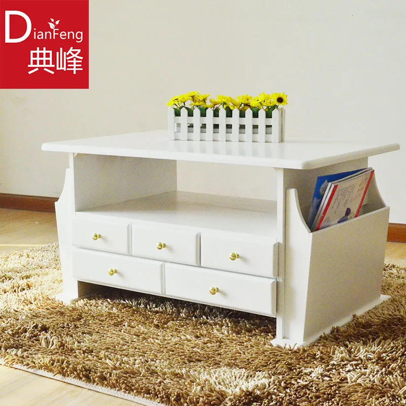 CX Mediterranean Solid Wood White Coffee Table Living Room Multi-Functional Tea Table Small Apartment Multi-Drawer Coffee Table