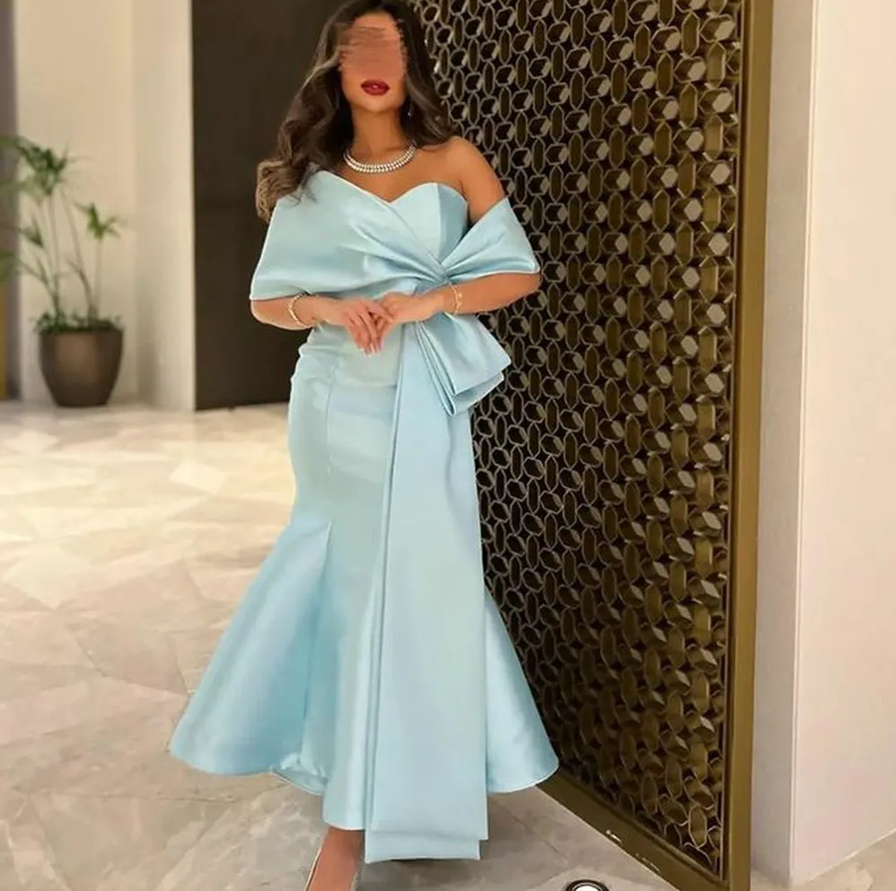 

Sky Blue Satin Evening Dress With Shawl Strapless Ankle Length Prom Party Gowns Arabia Dubai Vestido De Festa 2023