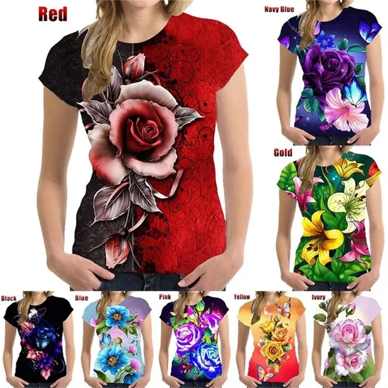 Roses Flower T Shirt Women 3D Floral Blossom Printed T-shirt Harajuku Fashion Streetwear Tee Shirts Womens Clothing Short Sleeve