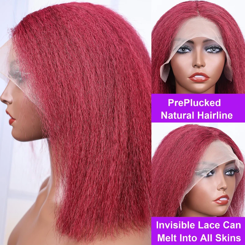 バーガンディ200%高密度縮毛矯正風ストレート13x4レースフロントボブウィッグ人毛プレプラッキング済み透明レース100%人毛ウィッグ # 99J（ナインティーナインジュウ）