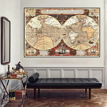 Póster grande de mapa del mundo Vintage, pintura en lienzo no tejida, tarjeta adhesiva de pared, decoración del hogar, 150x100cm