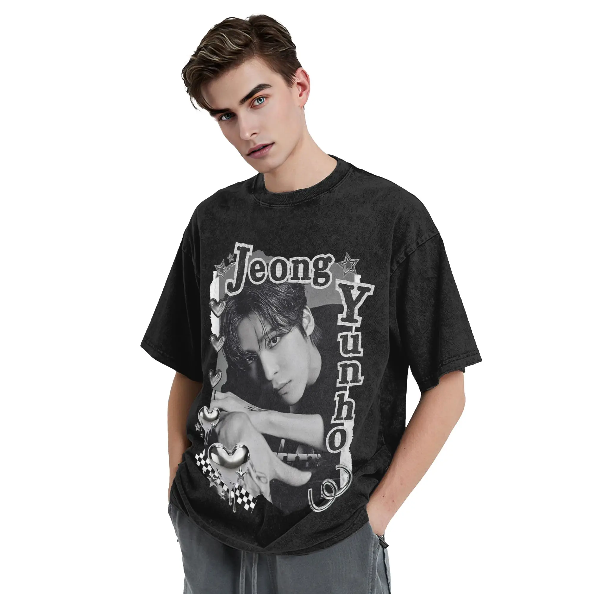Kpop Boy Group A-Ateez Jeong Yunho Washed T Shirt Streetwear  Vintage T-Shirt  Tee Shirt Men Women Short Sleeve Harajuku Printed