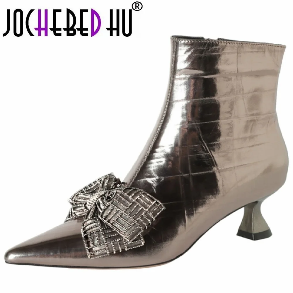 【JOCHEBED HU】Handmade Genuine Leather ﻿Ankle boots Metallic Style Butterfly Knot Pointed Toe Womens Shoes Sex High Heels 34-40