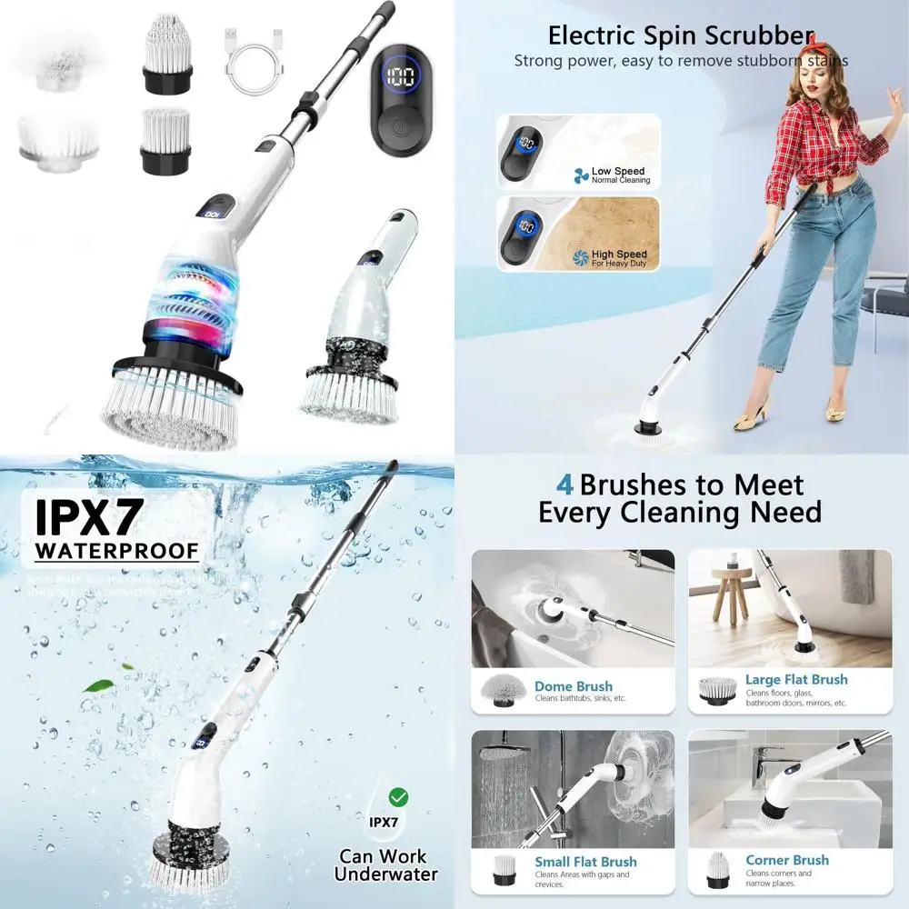 

Беспроводная водонепроницаемая щетка для душа с ЖК-дисплеем, 8 насадок, выдвижная ручка для чистки ванн и уборки в ванной комнате