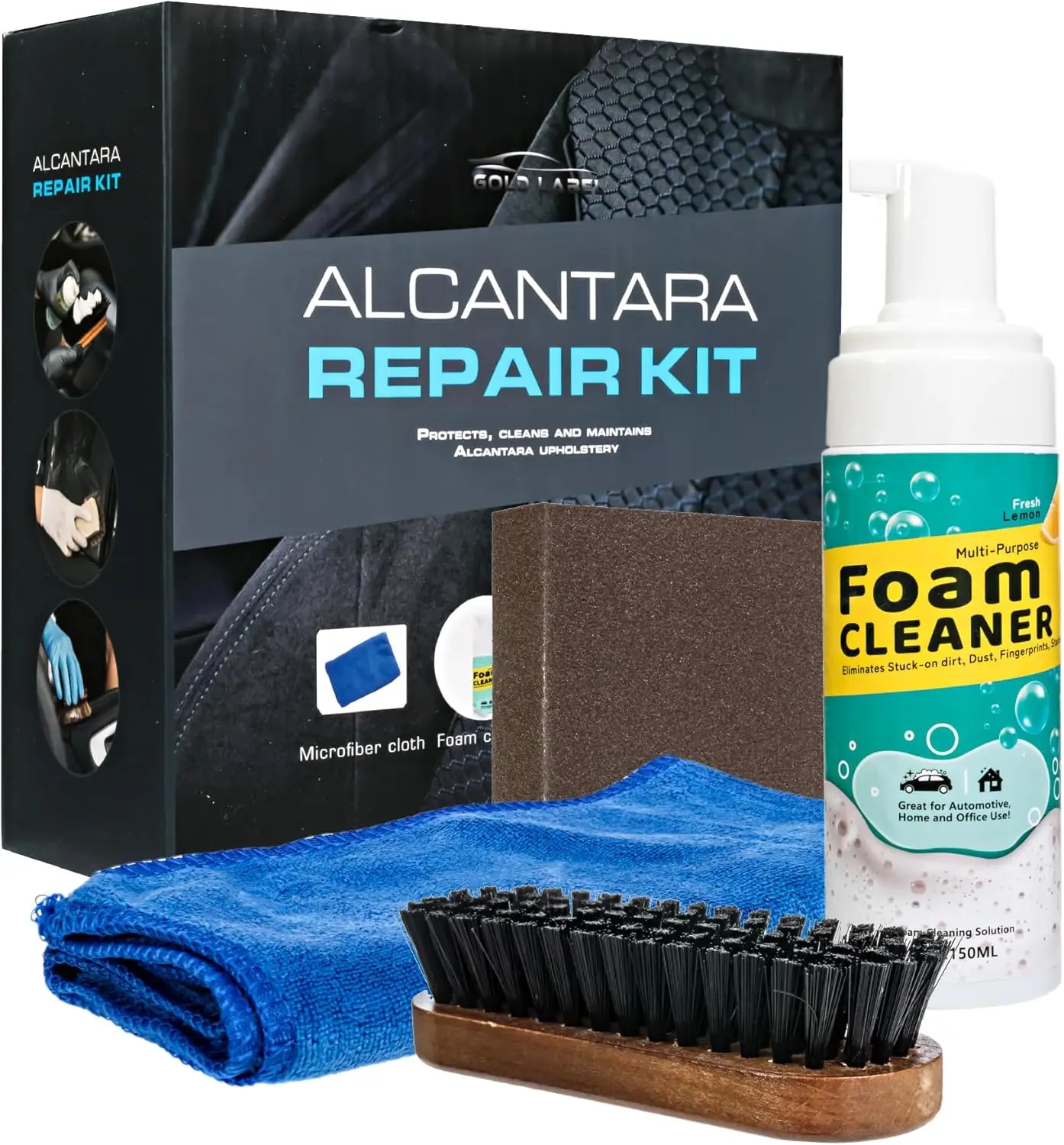 

Набор для чистки обивки из алькантары — очиститель пены, щетка, шлифовальный блок, салфетка из микрофибры