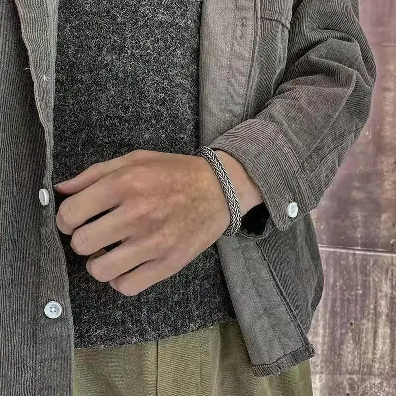 S925 Sterling silver vintage pure hand-woven twist thick keel men's and women's bracelet personality jewelry