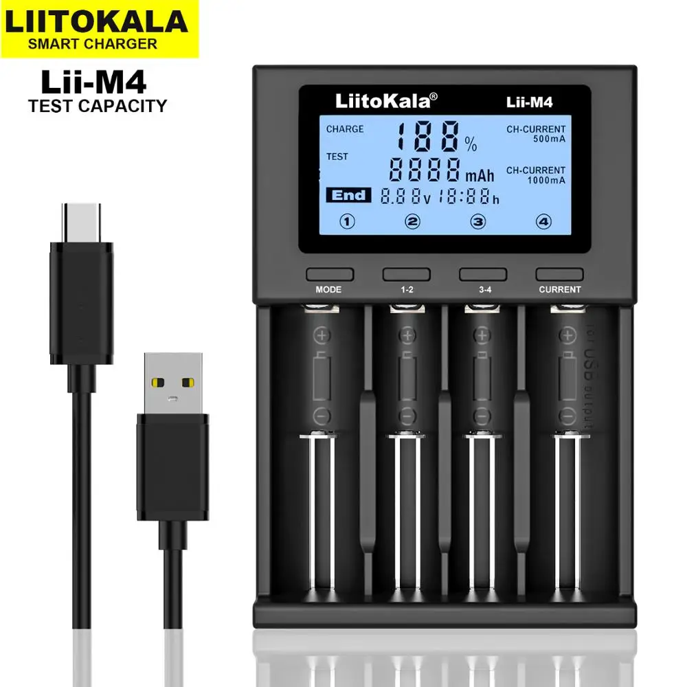 Hot ใหม่ LiitoKala Lii-M4 18650จอแสดงผล LCD Universal Charger ทดสอบความจุสำหรับ26650 18650 21700 AA AAA ฯลฯ4สล็อต