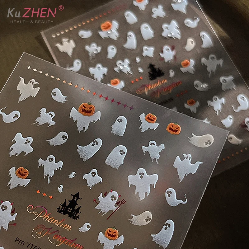 1 hoja de pegatinas de uñas de fantasma aleteo blanco de Halloween para manicura DIY dijes calabaza autoadhesivo mujeres hogar DIY calcomanías de uñas