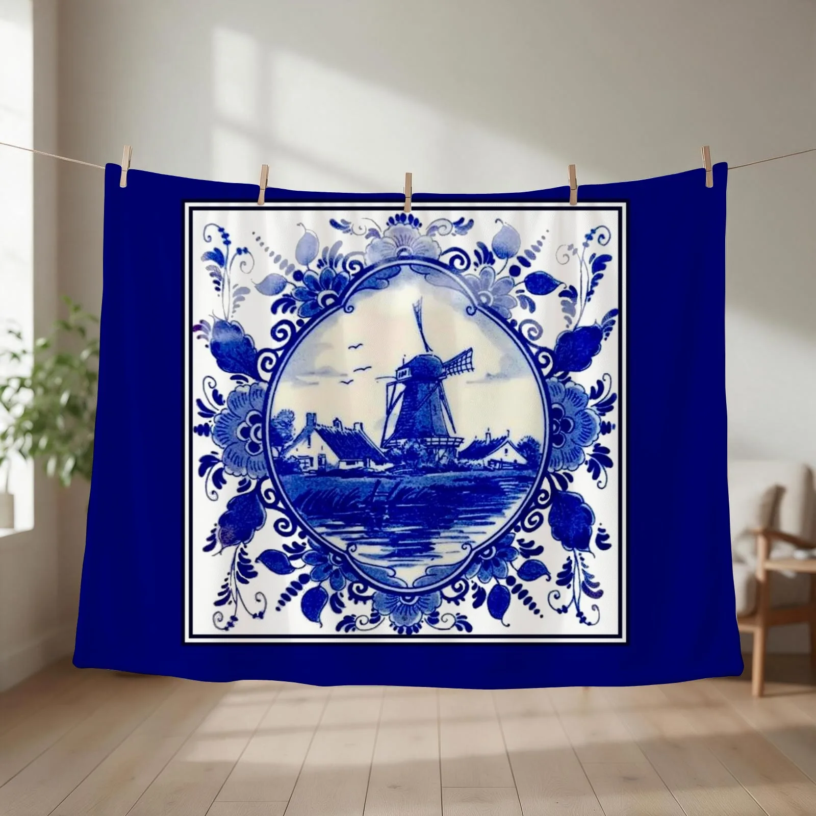 DUTCH BLUE DELFT : Vintage Windmill on River Print Throw Blanket Decorative Sofa Loose Personalized Gift Soft Plaid Blankets