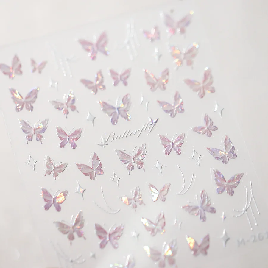 Shining Pink Aurora Shell Light Butterfly Nail Stickers 3D Nail Art Design Decoration Decals DIY Manicure Newest Desgin