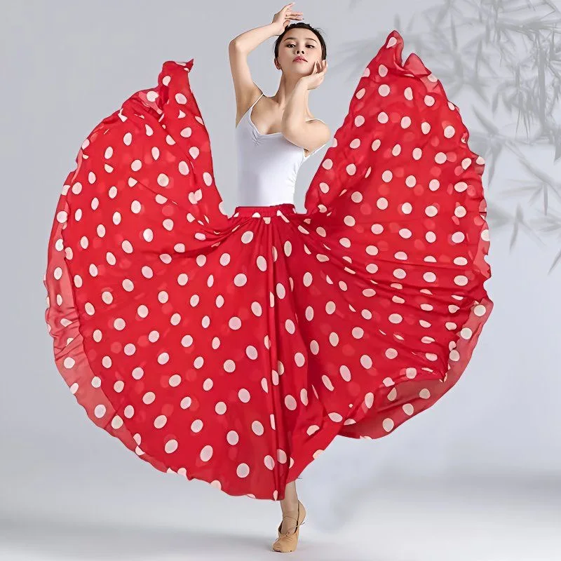 360-720 degree Classical Dance High-waisted Skirt Flamenco Dance Clothing Polka Dot Print Skirt Dance Stage Performance Outfit