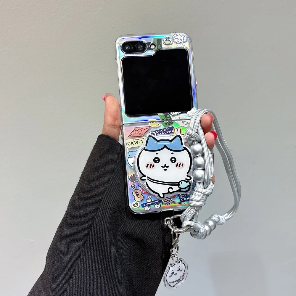 Cue Chiikawa Hachiware Usagi Magnetic Holder Magsafe Wireless Charge Phone Case For Samsung Galaxy Z Flip 7 6 5 4 3 Hard Cover