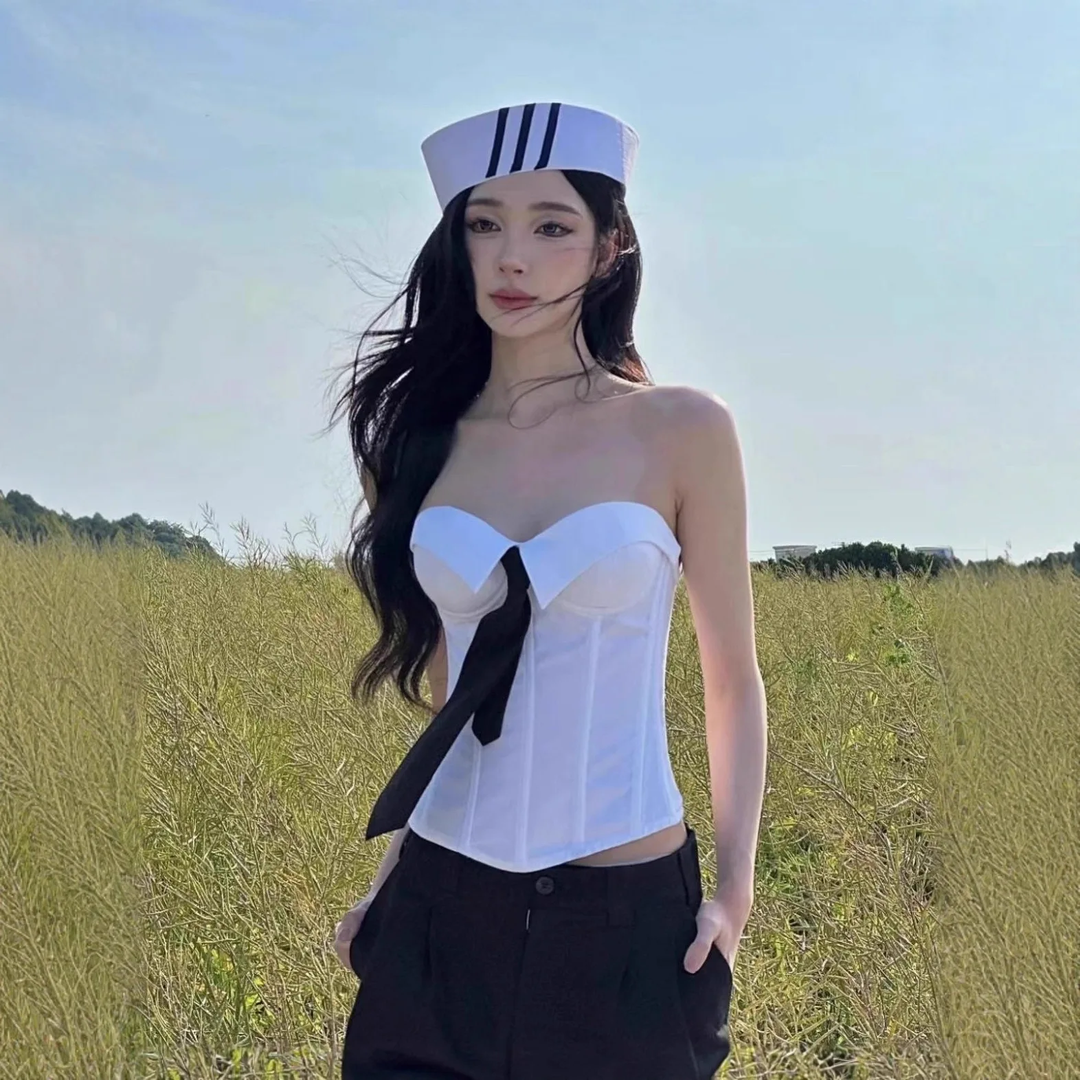 

customized women's adult fashion clothing fishbone tie lapel shirt three-dimensional sexy strapless top sexy girl style vest