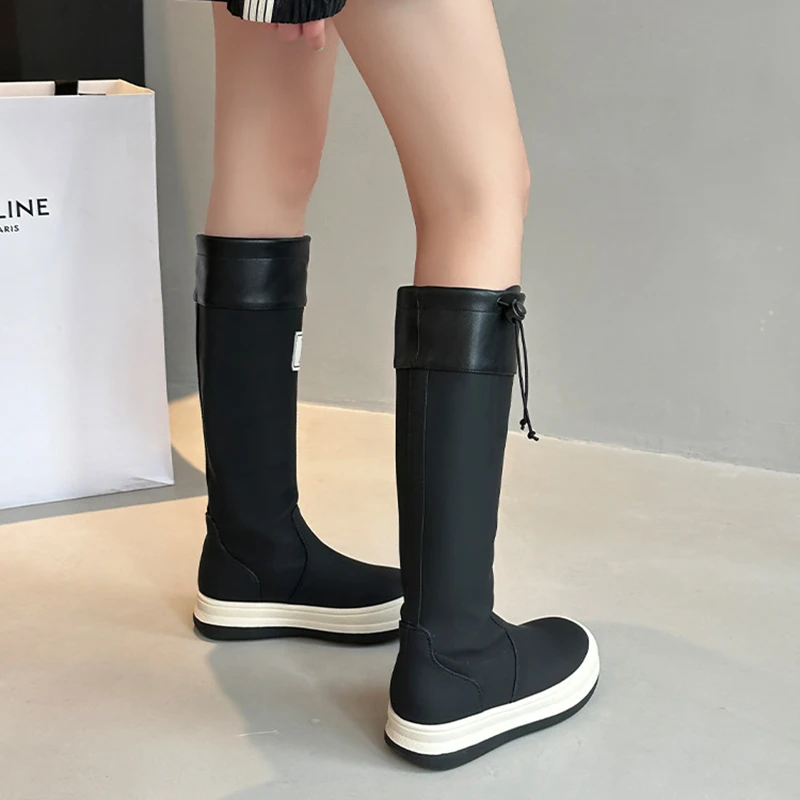 JOZHAMTA Size 35-39 Women Rain Boots Mid Calf Real Leather Thick Heels Platform Shoes Waterproof Hiking Camping Knee Long Boots