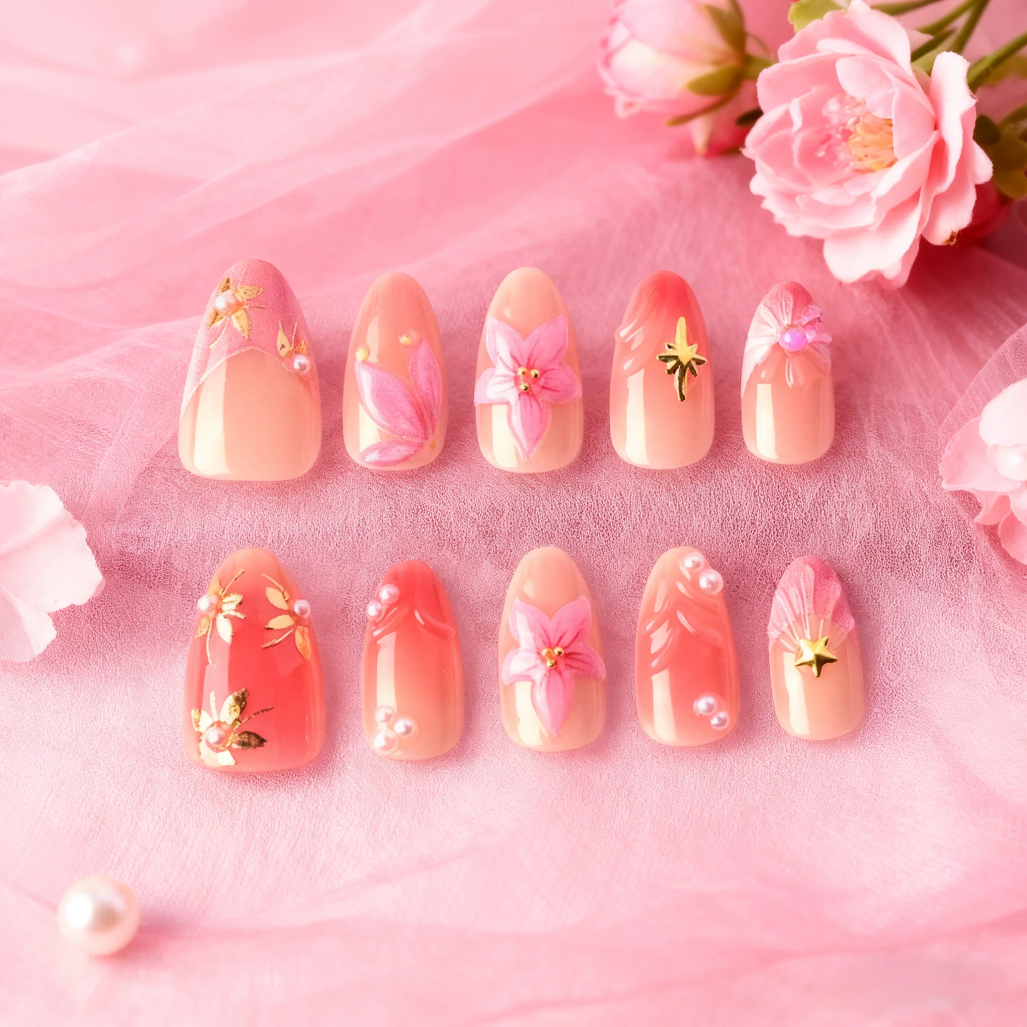 

30PCS Press on Nails Sweet Pink Flower Pearl Fake Nail Pure Desire Artificial Fingernails with Gold Star False Nails For Women