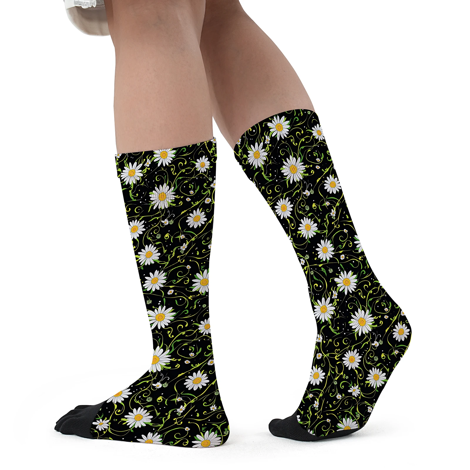 1 pair of Daisy vine Mosaic print personality mid-tube sports fashion five-finger socks elastic party without distortion