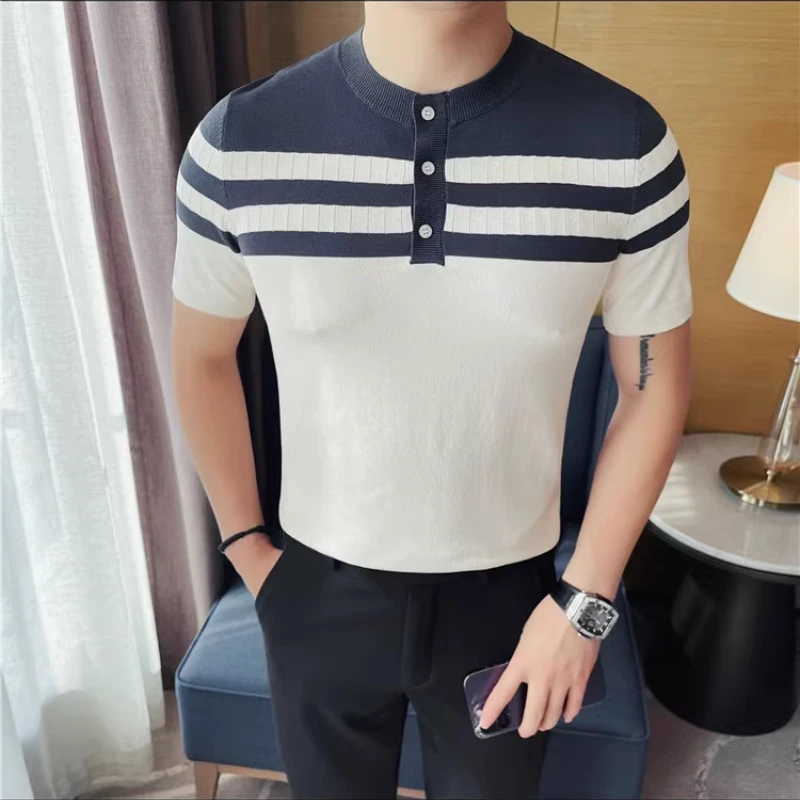 

Summer Striped Knitted T-shirt Men Ice Silk Breathable Short Sleeved Casual T-shirts Round Neck Simple Versatile Business Top