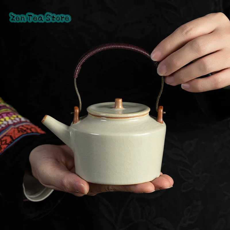 Beige Ru Kiln Teapot Single Household Large Beam Pot Ceramic Single Pot Open Piece Can Be Raised Tea Infuser Tea Set