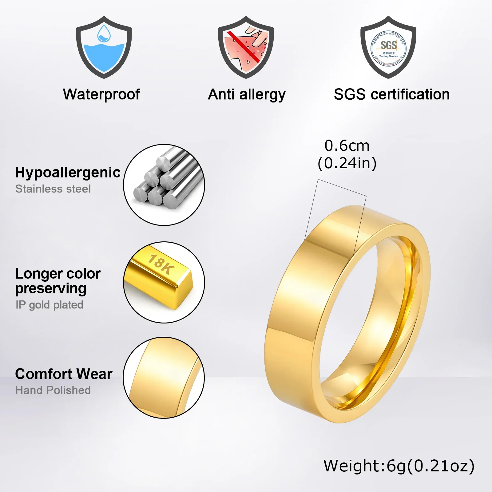 2/4/6/8mm Stainless Steel Bend Ring for Men Women,Gold Plated Flat Wedding Ring Engagement Ring,Gift for Dad Son Husband Him