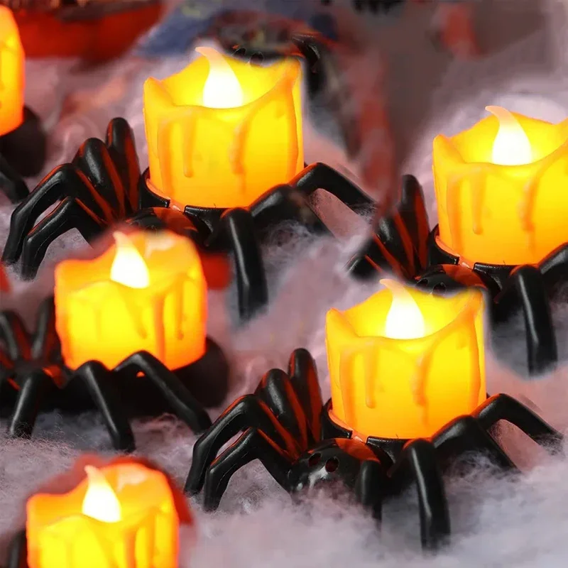 Halloween Spider Candles Flameless Battery Operated LED Tea Light Small Pumpkin Fake Candles for Halloween Party Decoration