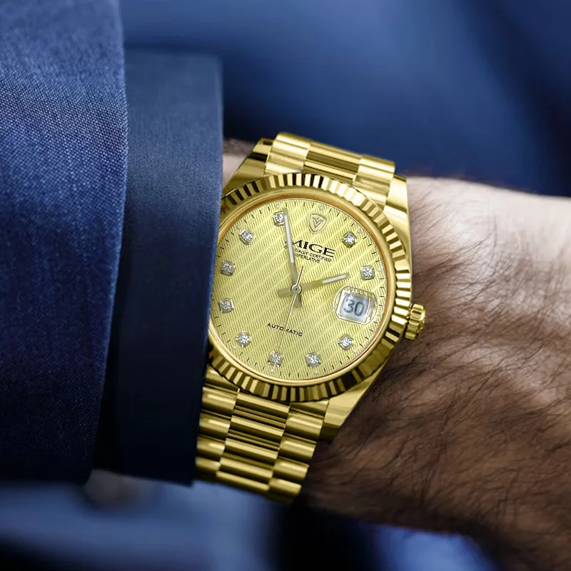 MIGE Classic Luxury, caja/correa de acero inoxidable dorado, reloj con movimiento mecánico completamente automático,