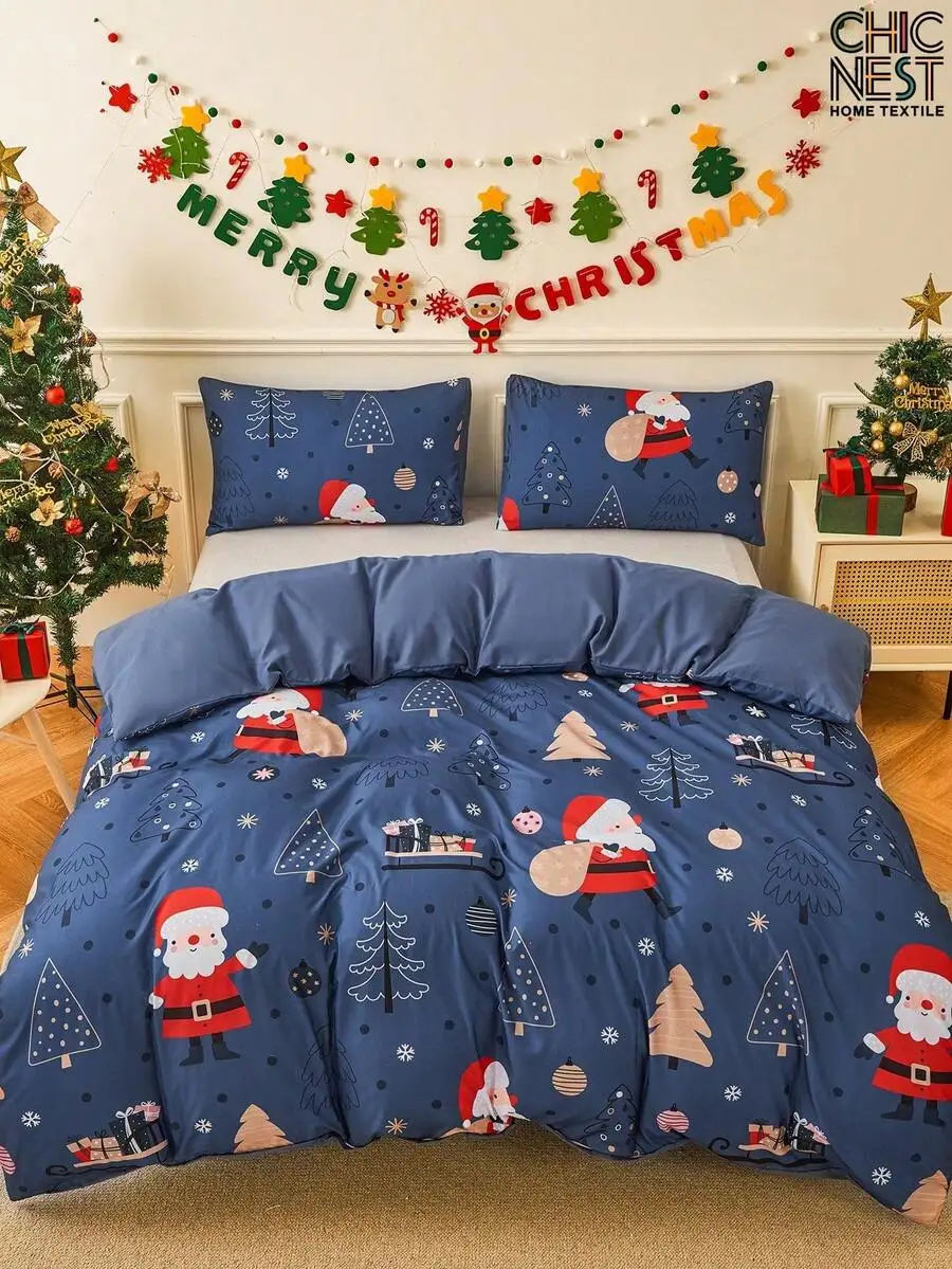 

2/3 шт. синий Санта-Клаус с мультяшным узором, двусторонний цветной пододеяльник, комплект постельного белья, мягкий дышащий без морщин, лучше для сна